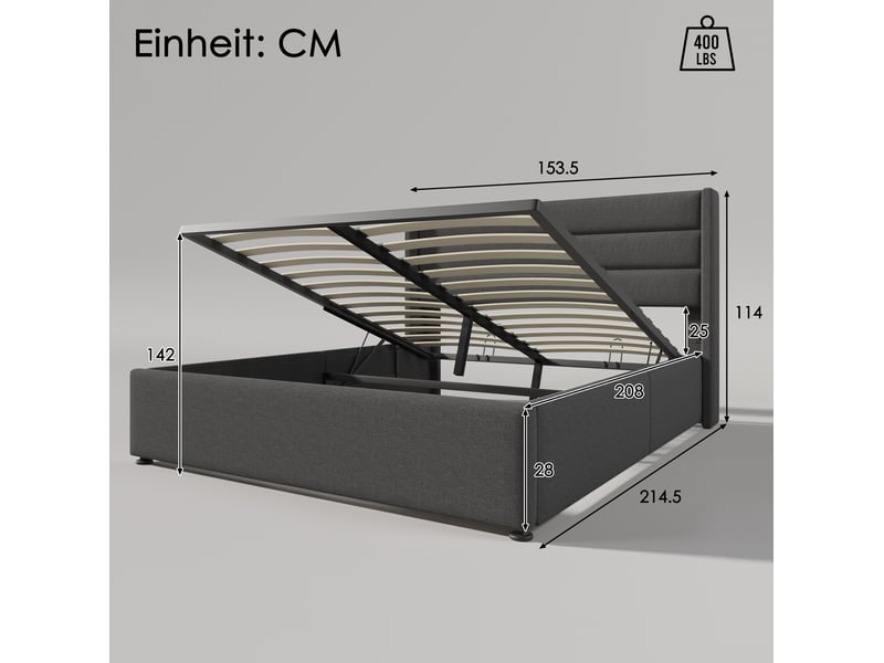  Lit coffre 140 × 200 cm 2 places avec rangement hydraulique, matelas inclus, en tissu effet lin, gris  - Conforama D