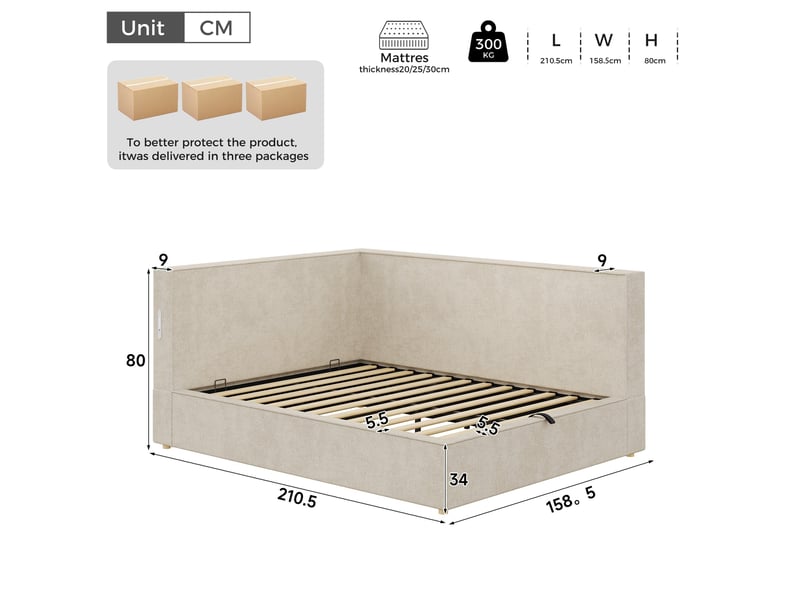  Lit de repos pour enfant, 140 x 190 cm, lit rembourré avec rangement, éclairage led et ports de charge, tissu chenille, beige  - Conforama C
