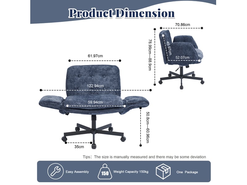  Chaise de bureau pivotante bleue en tissu, réglable en hauteur, avec roulettes et accoudoirs rabattables  - Conforama C
