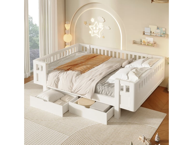 Lit enfant 140 x 200 cm avec barrières de sécurité hautes et 2 grands tiroirs, bois massif et mdf, blanc CozyNest - Conforama B