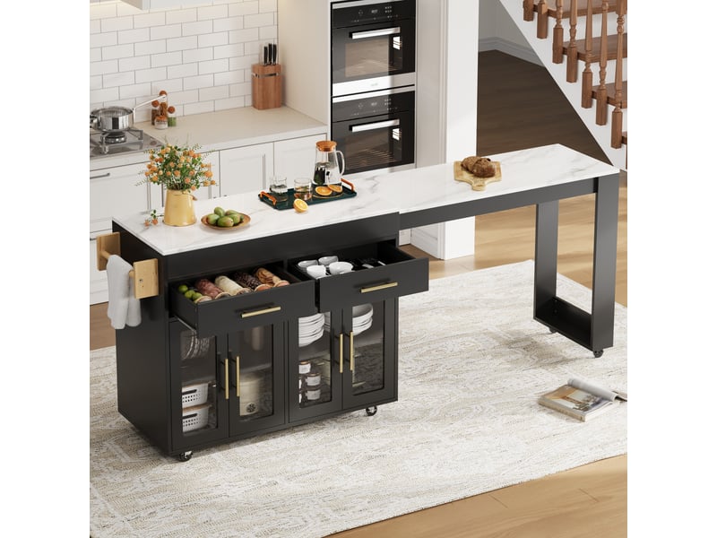  Îlot de cuisine noir avec desserte de cuisine à roulettes, table de bar extensible et portes en verre, 132,5-217x50x93 cm  - Conforama E