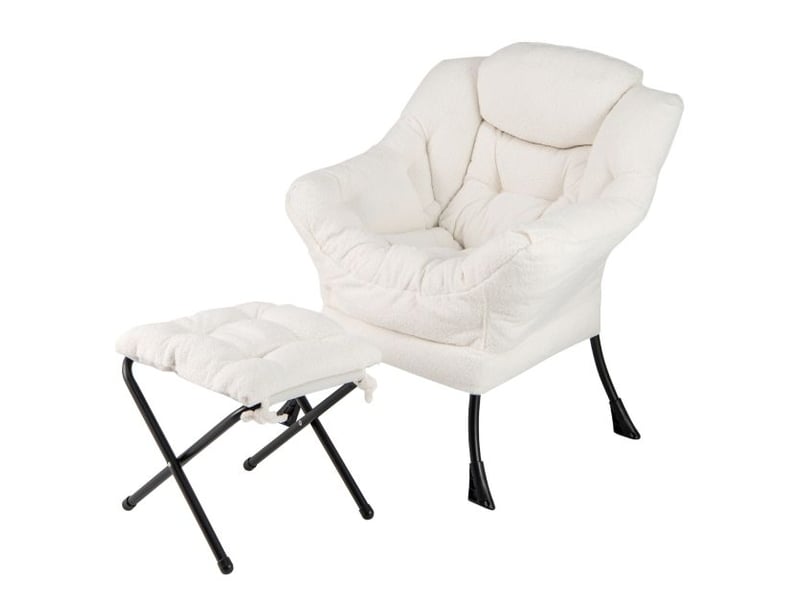 Costway fauteuil salon scandinave avec repose-pieds, fauteuil relax en sherpa avec oreiller et poche latérale, fauteuil chambre pour lecture, cadre en métal pour charger 150 kg (beige) - Conforama A