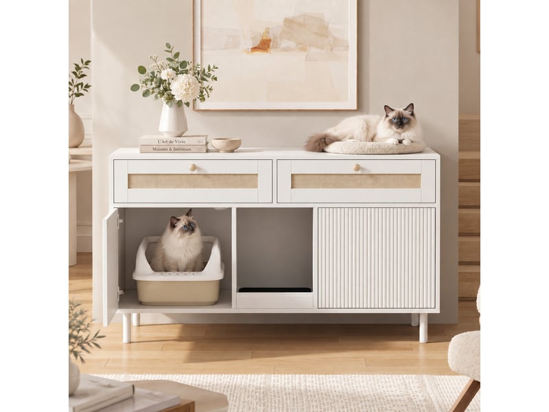  Meuble cache-litière blanc avec tiroir effet rotin, tapis de sortie et double espace fermé, 120x50x65 cm  - Conforama D