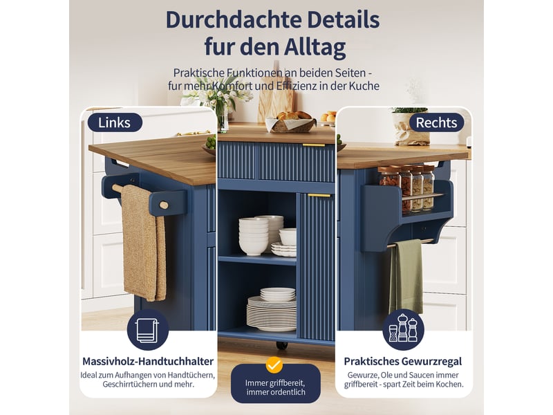  Îlot de cuisine roulant - plan de travail rabattable 120x45 cm - grand espace de rangement avec tiroirs et armoires 143x45x89.5cm - Conforama D