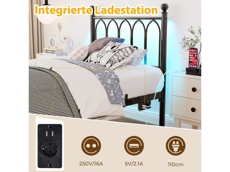  Lit simple rembourré 90x200cm avec led et usb-c, cadre de lit adulte en métal avec tête et pied de lit vintage, noir, lit 1 personne  - Conforama W
