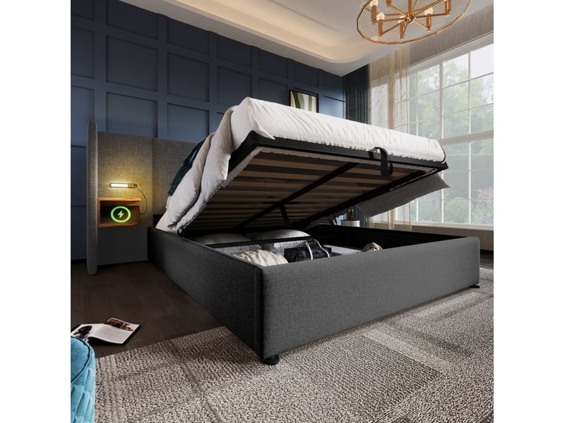  Lit coffre tcqpz 160 x 200 cm gris en lin avec lampe de lecture usb type-c  - Conforama E