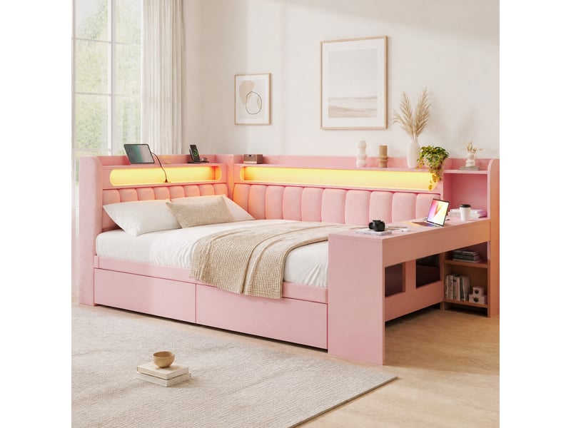  Lit plateforme 140x200 avec bureau, led 7 couleurs, usb, 2 tiroirs, mdf et contreplaqué, rose, sans matelas  - Conforama B