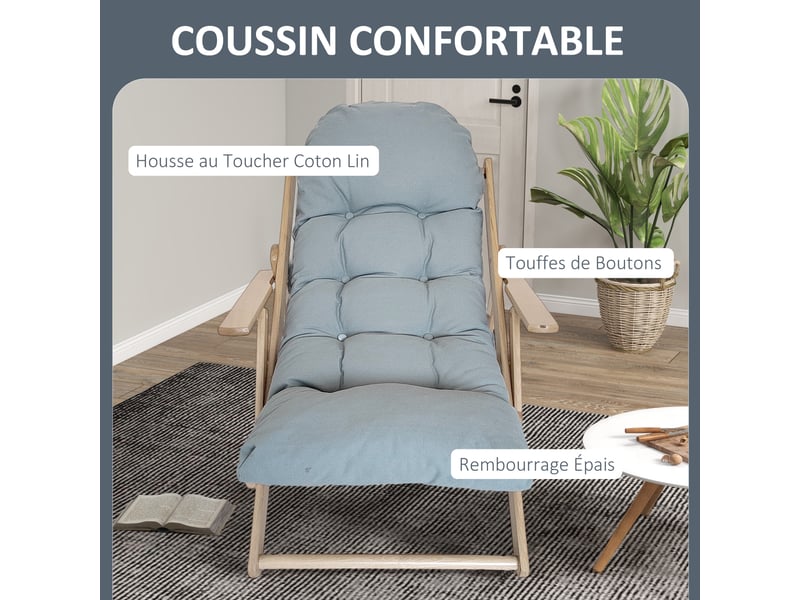  Fauteuil chaise de salon pliable et inclinable en bois fauteuil relax confortable avec coussin capitonné épais  - Conforama E