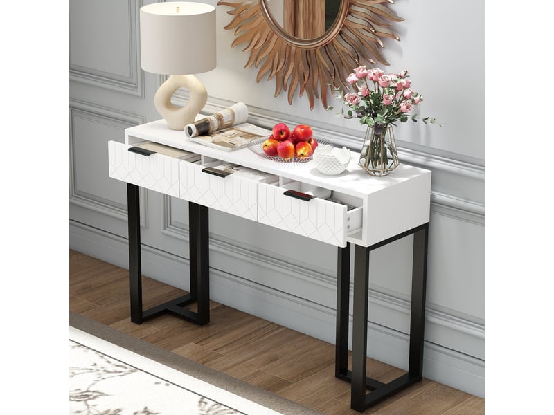  Console 120 cm avec tiroirs, structure en métal noir et pieds réglables, mdf blanc et noir Jamama eleni - Conforama B