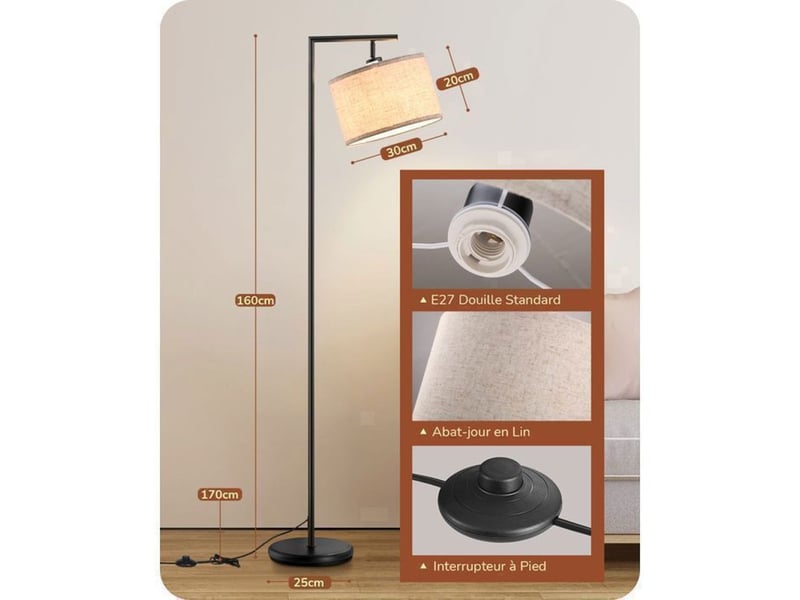  Lampadaire arc rotatif noir avec abat-jour en lin beige réglable 180° - 160 cm h - interrupteur au pied - ampoule led e27 2700k incluse 370618_AAAYE92622_6_DROPFR - Conforama D