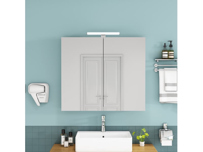  Armoire de toilette murale blanche 80 cm à 2 portes miroir, led et prise française, rangement pratique pour salle de bains  - Conforama B