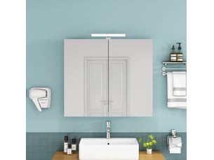 Armoire de toilette murale blanche 80 cm à 2 portes miroir, led et prise française, rangement pratique pour salle de bains