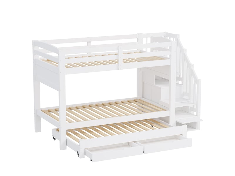  Lit superposé 90x200 cm avec lit rabattable, 2 tiroirs, escalier de rangement à plusieurs niveaux et armoire, blanc.  - Conforama E
