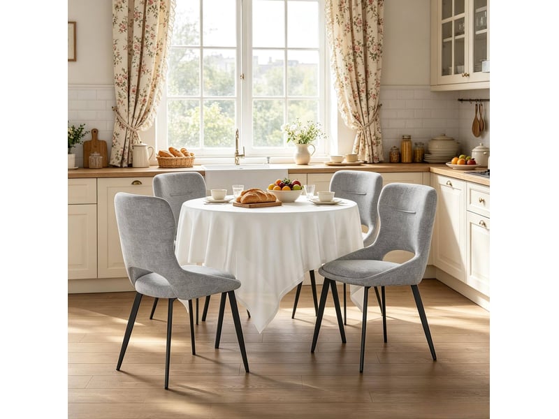  Lot de 4 chaises de salle à manger grises en tissu avec accoudoirs et piètement métal, confort et style design  - Conforama E