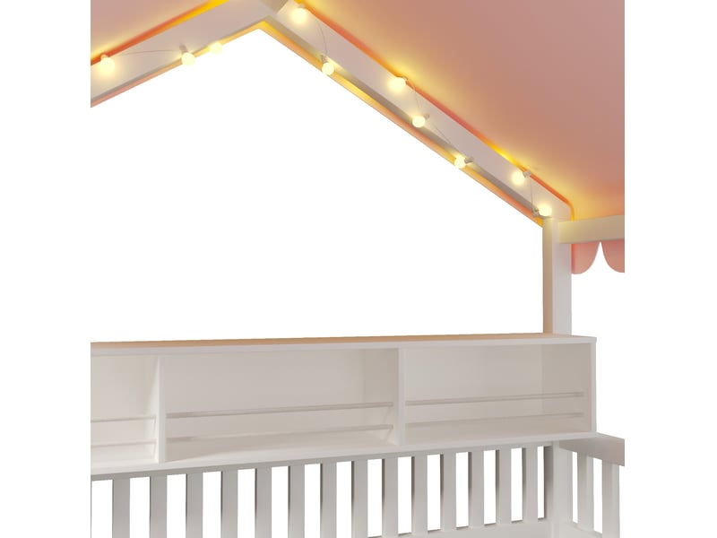  Lit cabane enfant 90x200 cm avec baldaquin, rangement livre, garde-corps, guirlande led, mdf et pin, blanc sans matelas  - Conforama E