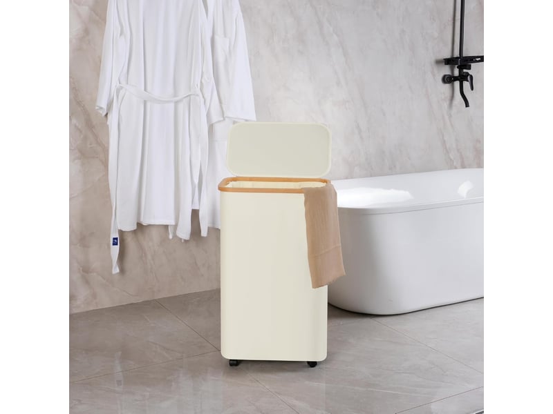  Panier à linge sur roulettes, panier à linge en forme de l avec couvercle, pliable, avec poignées en bambou et doublures amovibles pour chambre et sal - beige  - Conforama D