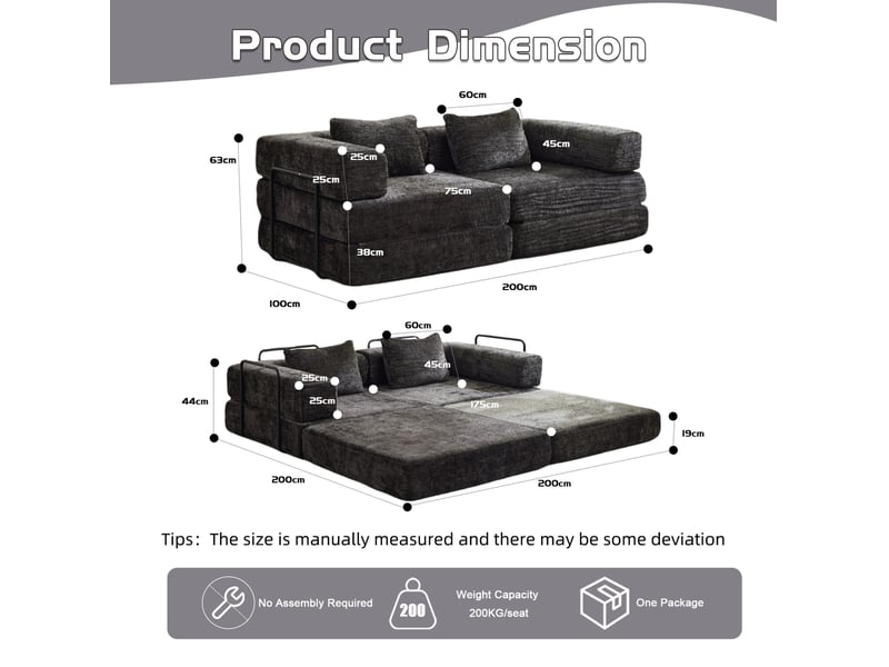  Canapé convertible modulable pliable 2 places avec couchage au sol sans montage pour salon, en chenille noire  - Conforama D