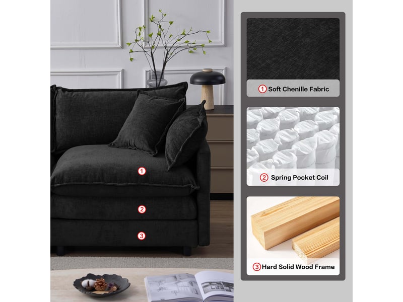  Canapé d’angle modulable 3 places 267 cm avec méridienne et pouf, tissu chenille, assise confortable, montage facile  - Conforama D