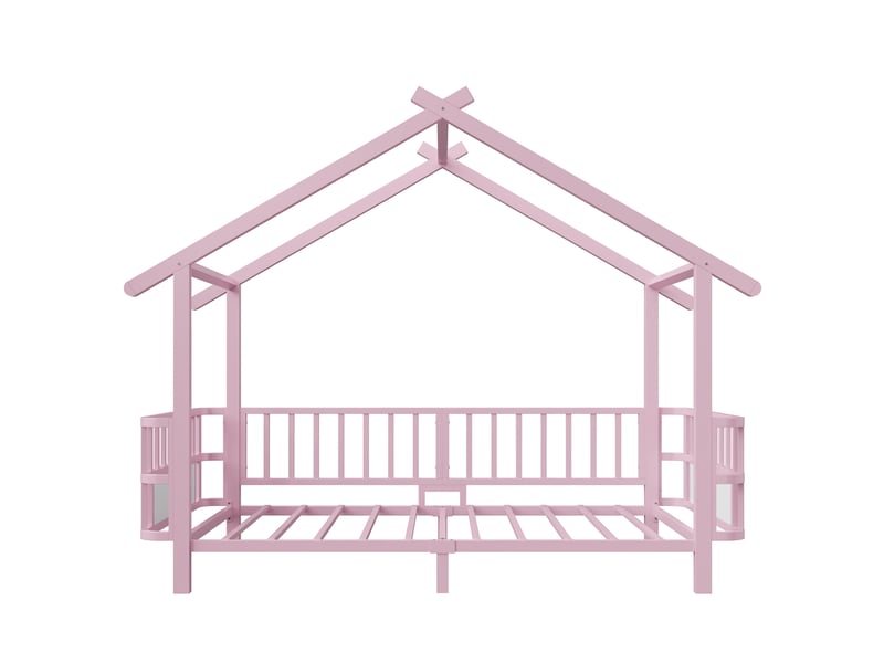  Lit enfant cabane avec garde-corps, métal rose, 90 x 200 cm, toit et cadre décoratif  - Conforama A
