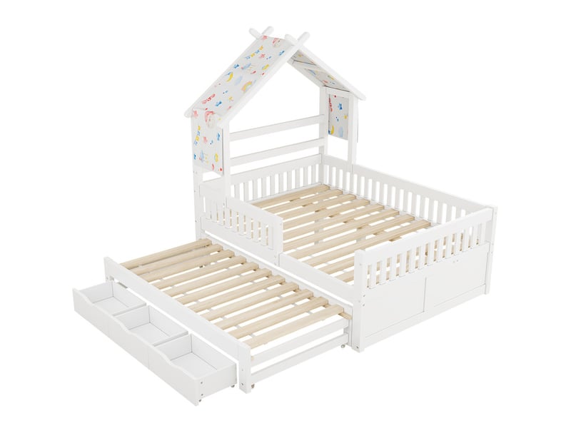 Lit cabane en bois 140x200 cm - avec lit gigogne et 3 tiroirs - barrière de sécurité - mdf+pin - blanc (sans matelas)  - Conforama R