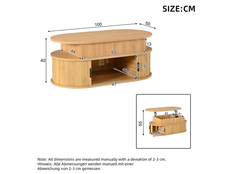 Table basse ovale relevable 100x50x40 cm avec rangement, en mdf, aspect noyer - Conforama E