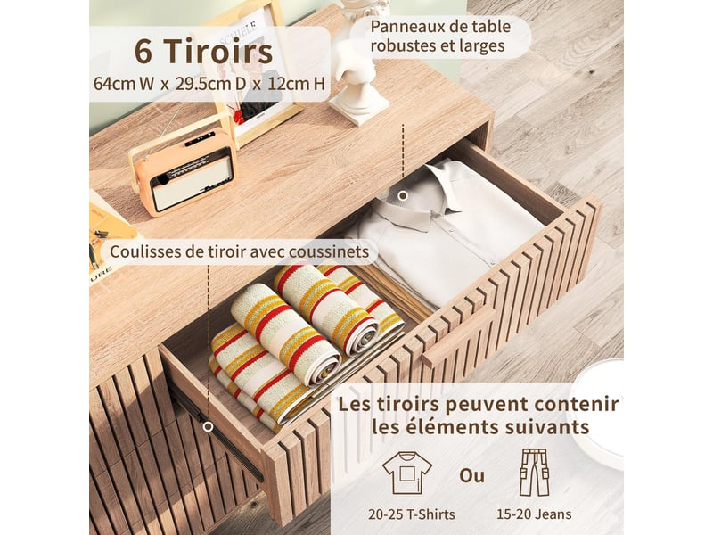Commode 6 tiroirs - 100x34x73cm - avec design lattes verticales - buffet rangement style moderne scandinave - en bois - Conforama C