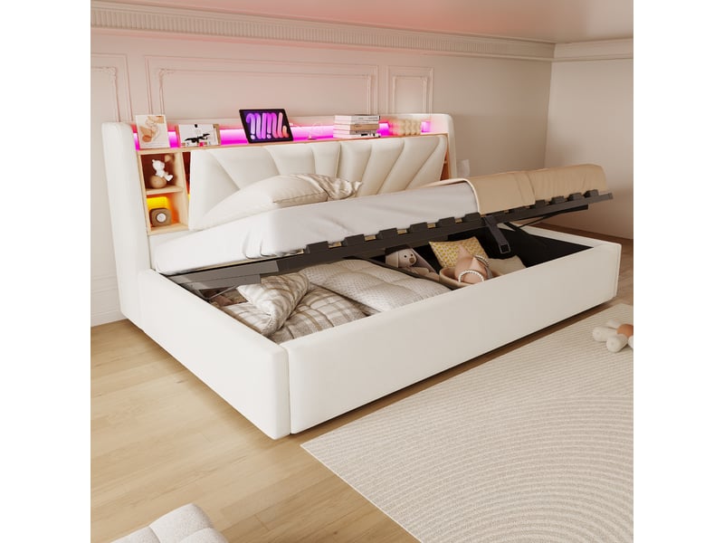 Lit coffre rembourré 90 x 200 cm – avec étagères – avec compartiments de rangement – ​​avec éclairage led et port usb – beige (matelas non inclus)  - Conforama R