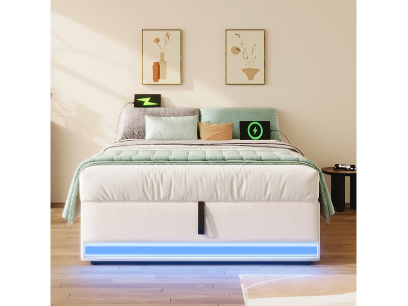  Sommier coffre rembourré 90x200 cm led multicolore usb type‑c coffre design moderne poches latérales lin beige sans matelas  - Conforama B