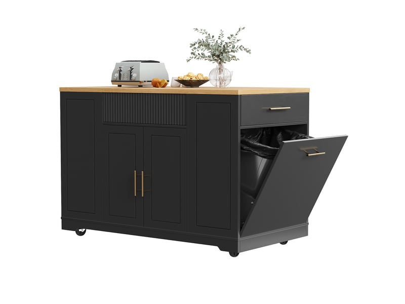  Îlot de cuisine mobile 120 x 50 x 92 cm avec espace poubelle, 2 portes, 3 tiroirs et rangement, noir  - Conforama A