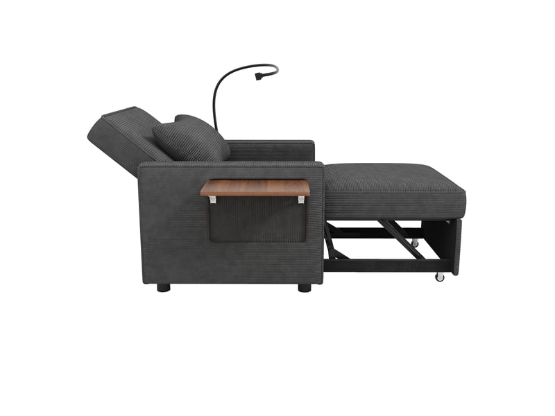 Fauteuil-lit convertible 1 place pliable en velours côtelé gris, avec usb et support pour téléphone - Conforama D