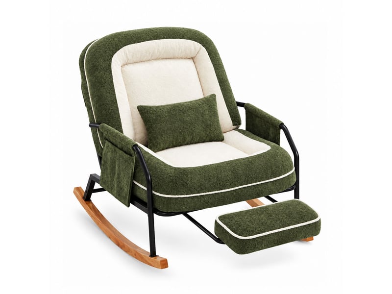  Fauteuil à bascule moderne avec dossier inclinable 100°-160°, repose-pieds escamotable, coussin en fausse fourrure de lapin,vert  - Conforama A
