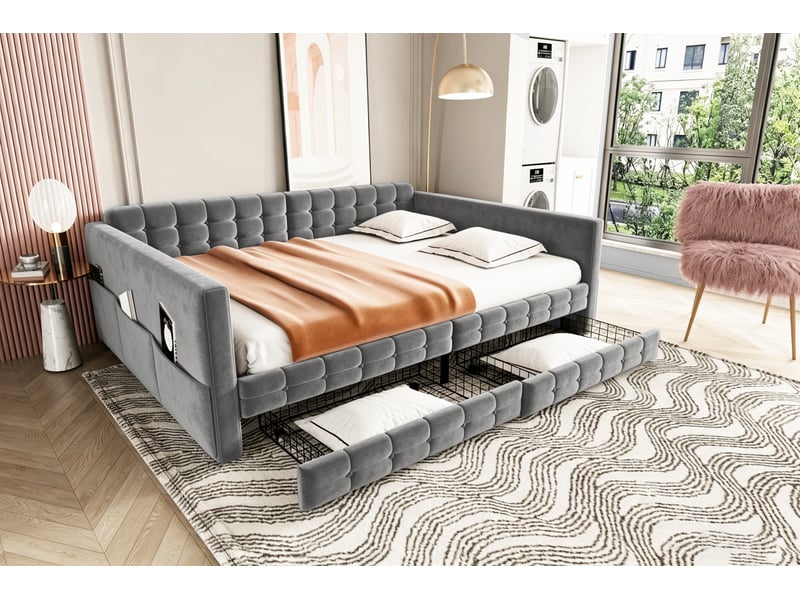  Canapé-lit 140x190 cm, lit d'appoint, couchage d'appoint, 2 tiroirs, velours gris  - Conforama E