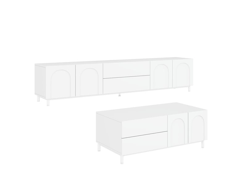 Meuble tv 4 portes et 2 tiroirs, table basse assortie avec 2 portes et 2 tiroirs, rangement fermé blanc pour salon - Conforama A