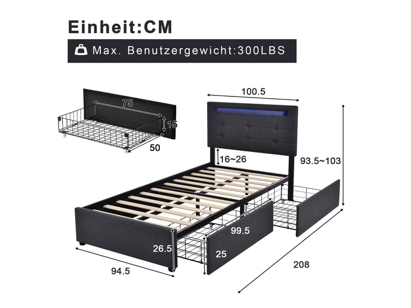  Modenvie lit simple 90x200 cm - led avec télécommande, 2 tiroirs, matelas inclus - gris  - Conforama C