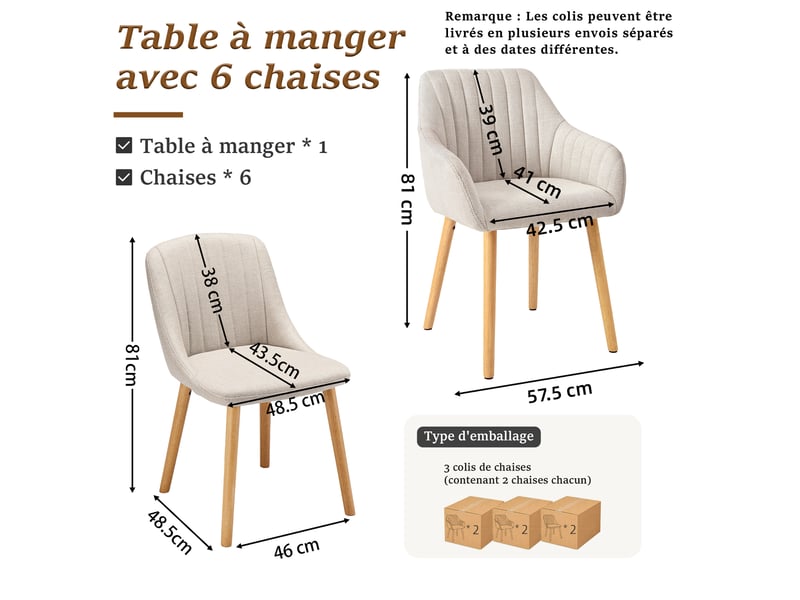 Ensemble table et 6 chaises - table rectangulaire 160x80 cm monobloc en chêne sauvage et pieds métal, 6 chaises en tissu beige et pieds bois - Conforama C