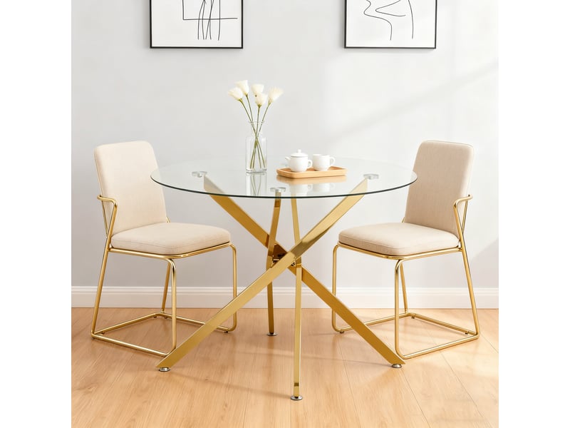  Table à manger ronde 2 à 4 places avec plateau en verre trempé - lpospi - pieds croisés en métal - doré 80 × 80 × 76 cm  - Conforama B
