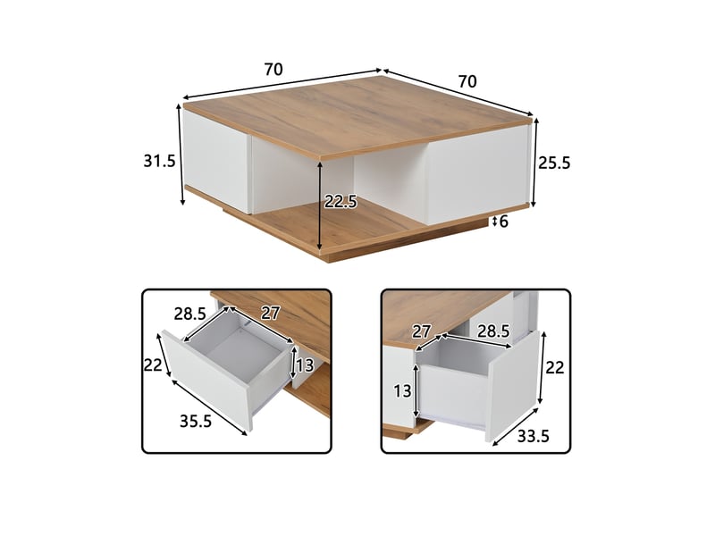  Table basse carrée blanc et bois avec 3 tiroirs, finition brillante et rangement semi-ouvert, 70x70x31,5 cm  - Conforama C