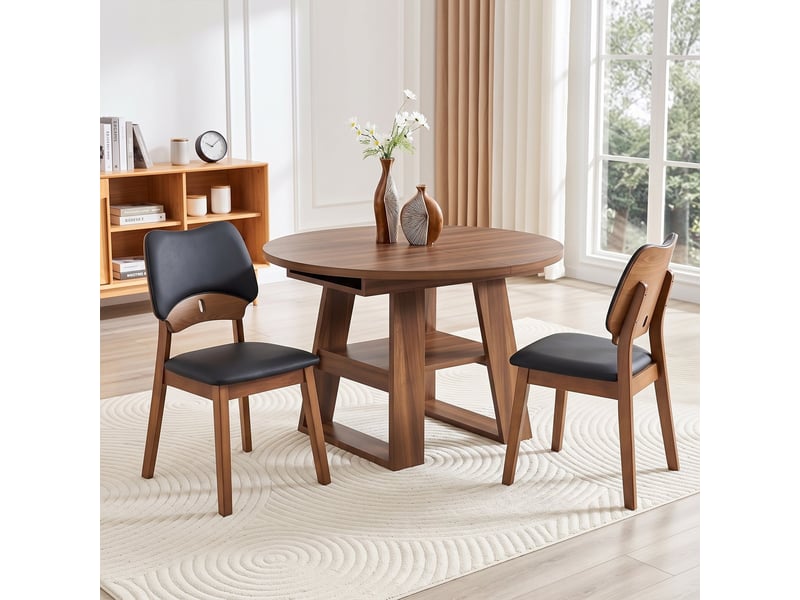 Ensemble table extensible + 4 chaises design, table ronde avec étagères 110150x110 cm, noyer, dossier papillon, assise rembourrée - Conforama D