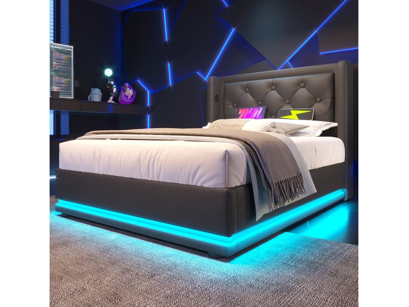  Lit simple coffre hydraulique 90 x 200 cm noir en pu avec led, usb et type-c  - Conforama B