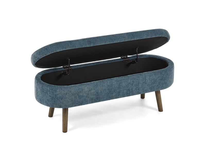  Banc coffre de rangement ovale 20 l en chenille et bois bleu 110 x 40 x 42 cm  - Conforama B