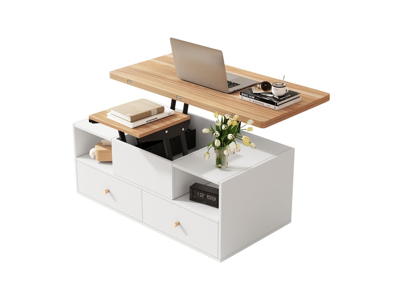  Table basse relevable pliante 100x50x47.5 cm avec 4 tiroirs en mdf coloris naturel  - Conforama A
