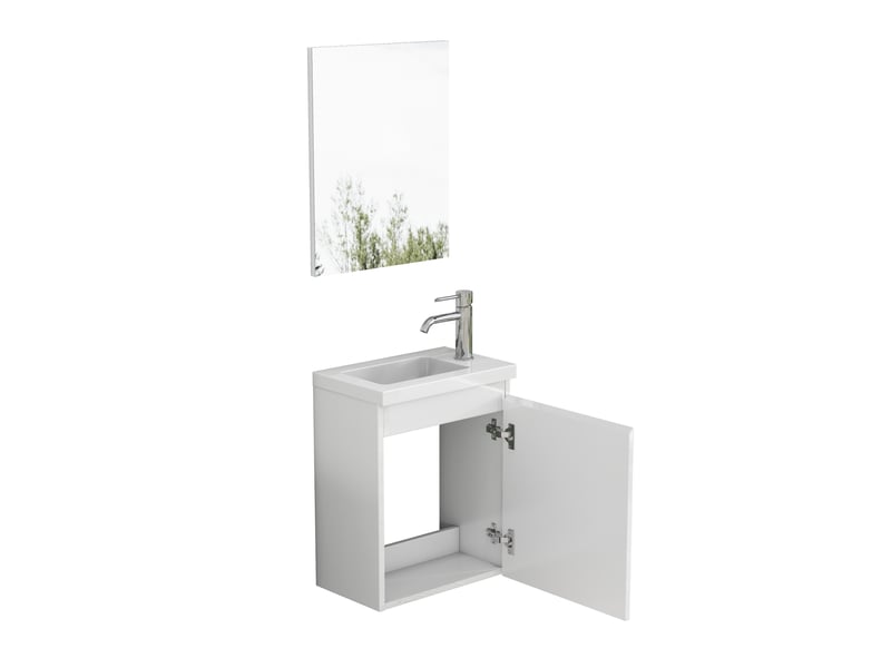 Meuble sous vasque mural avec 1 porte, vasque en céramique et miroir sans poignée, blanc brillant pour salle de bain - Conforama A