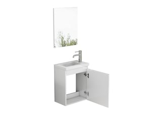 Meuble sous vasque mural avec 1 porte, vasque en céramique et miroir sans poignée, blanc brillant pour salle de bain