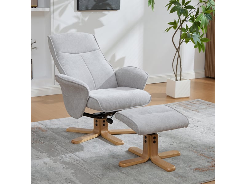  Fauteuil relax pivotant gris en tissu chenille, dossier inclinable à 145°, repose-pieds, pour salon et lecture  - Conforama A