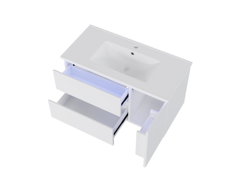  Meuble vasque mural salle de bain blanc 91,5 cm avec lavabo céramique, led radar et 2 tiroirs silencieux  - Conforama E