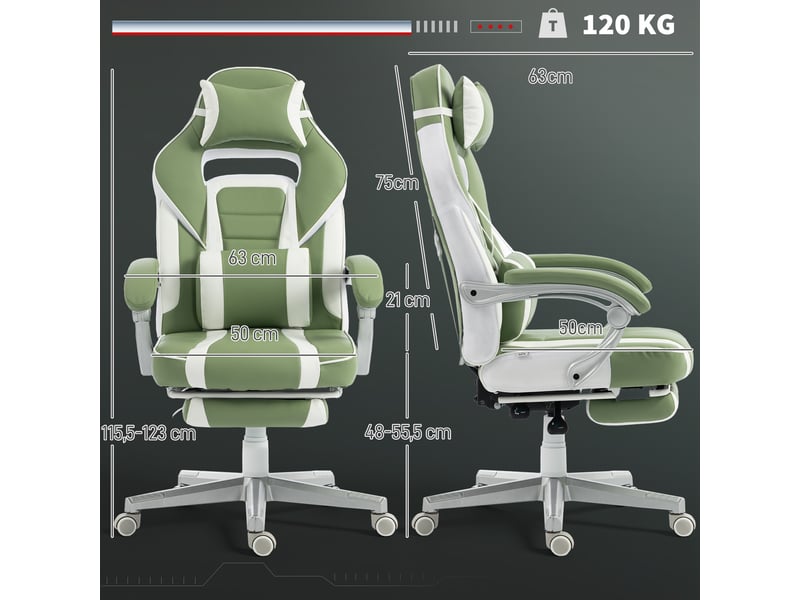  Fauteuil de jeu inclinable avec hauteur réglable, repose-pieds rétractable, soutien lombaire et appui-tête amovible - vert  - Conforama D