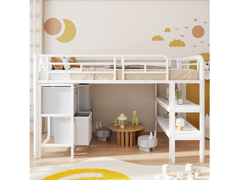 Lit mezzanine enfant bas 90 x 200 cm en métal blanc avec rangements - Conforama B