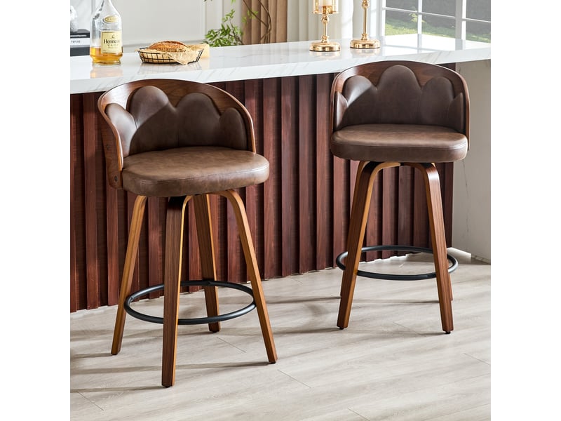  Lot de 2 tabourets de bar pivotants 48.5x41.5x89cm - pieds en noyer et coussin d'assise en cuir - marron  - Conforama D