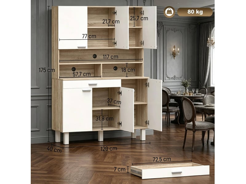  Buffet de cuisine haut 120x40x175 cm, 6 portes et 1 tiroir, blanc et effet bois naturel  - Conforama E
