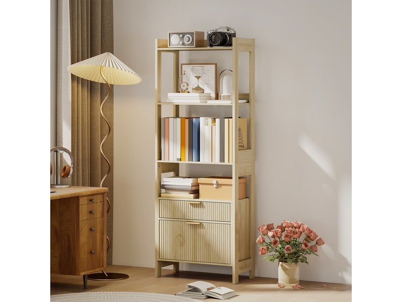  Bibliothèque haute, meuble de rangement avec 4 étagères ouvertes et 2 tiroirs cannelés, 60 x 30 x 160 cm, bois naturel  - Conforama C